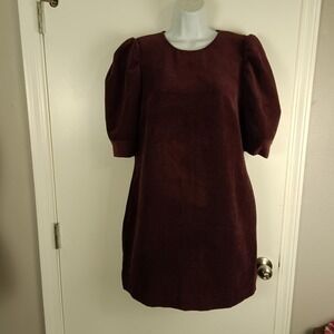 Who What Wear Dress Womens Small Burgundy Puff Sleeve Ribbed Shift Mini Pockets